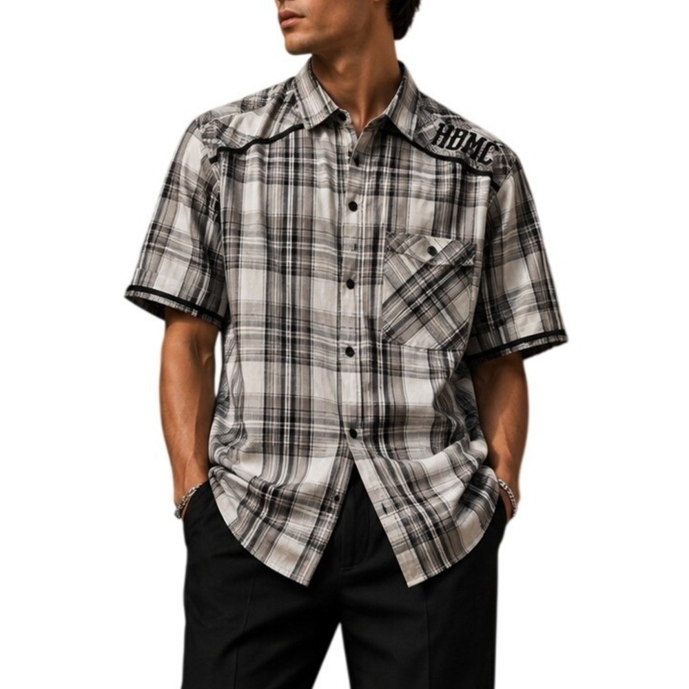 Harley-Davidson Mens XL Plaid Button Up Shirt Graphic Black White Grey Cotton
